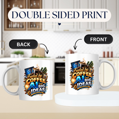 Tech Mug "Fueled By Coffee AI And Big Ideas" Fueled By Coffee AI And Big Ideas 325ml Ceramic Coffee Mug – Tech Programmer Mug with Laptop, CPU Chip & RAM | Gift for Developers & IT Specialists | Fast Dispatch by UK Seller (M3325)