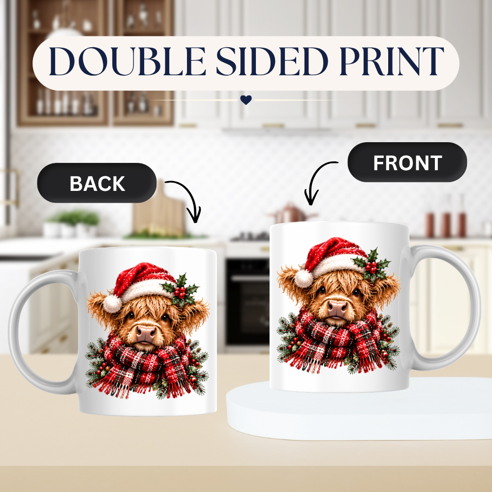 Christmas Santa Hat Highland Cow Mug Cute Christmas Highland Cow in Santa Hat 325ml Ceramic Coffee Mug – Fluffy Scottish Calf wearing Red Santa Hat & Cozy Scarf | Festive Winter Gift | Fast Dispatch by UK Seller (M3430)