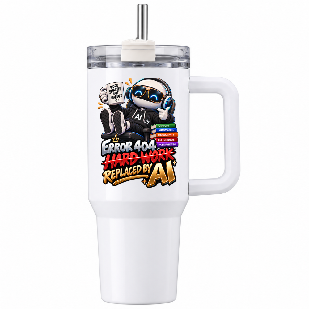 Sarcastic Office Tech Travel Tumbler "ERROR 404 HARD WORK REPLACED BY AI" Graphic 40oz Stainless Steel Insulated Mug with Handle & Straw – Robot with Coffee, Laptop & ChatGPT Books Novelty Gift for Coders & Office | Fast Dispatch by UK Seller (T3048)