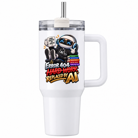 Sarcastic Office Tech Travel Tumbler "ERROR 404 HARD WORK REPLACED BY AI" Graphic 40oz Stainless Steel Insulated Mug with Handle & Straw – Robot with Coffee, Laptop & ChatGPT Books Novelty Gift for Coders & Office | Fast Dispatch by UK Seller (T3048)