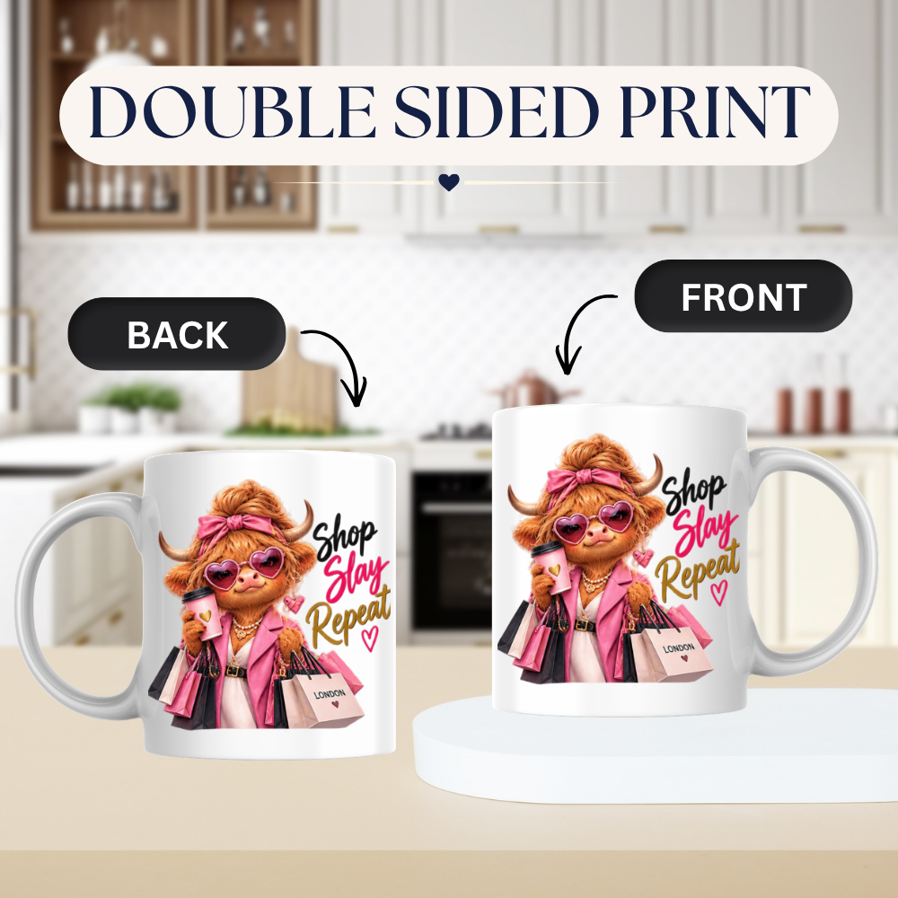 Shopping Mug "Shop Slay Repeat Highland Cow" Shop Slay Repeat Highland Cow 325ml Ceramic Coffee Mug – Glamorous Pink Fashion Shopping Tea Cup With Heart Sunglasses Coffee Graphic Gift | Available in Multicolours | Fast Dispatch by UK Seller (M3196)