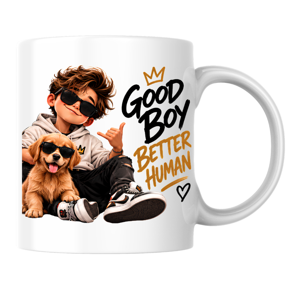 Dog Mug "Good Boy Better Human" 325ml Ceramic Coffee Tea Cup – Golden Retriever Puppy Graphic, Sunglasses & Slogan Novelty Gift for Dog Lovers, Teens, Birthday – Fast Dispatch by UK Seller (M3500)