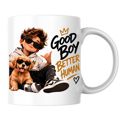 Dog Mug "Good Boy Better Human" 325ml Ceramic Coffee Tea Cup – Golden Retriever Puppy Graphic, Sunglasses & Slogan Novelty Gift for Dog Lovers, Teens, Birthday – Fast Dispatch by UK Seller (M3500)