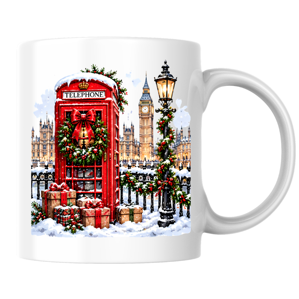 London Christmas Telephone Box Mug "Winter in London" Christmas in London Telephone Box 325ml Ceramic Coffee Mug –Big Ben & Houses of Parliament Scene with Festive Wreath, Lamp Post & Gift Boxes | Holiday Souvenir Gift | Fast Dispatch by UK Seller (M3439)