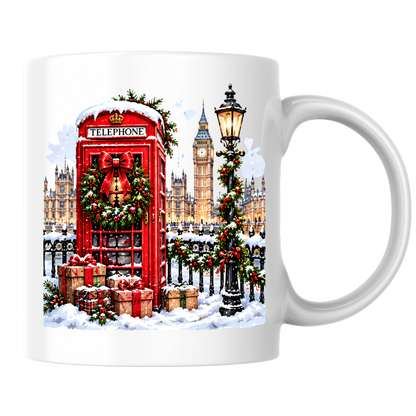 London Christmas Telephone Box Mug "Winter in London" Christmas in London Telephone Box 325ml Ceramic Coffee Mug –Big Ben & Houses of Parliament Scene with Festive Wreath, Lamp Post & Gift Boxes | Holiday Souvenir Gift | Fast Dispatch by UK Seller (M3439)