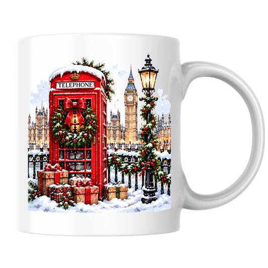 London Christmas Telephone Box Mug "Winter in London" Christmas in London Telephone Box 325ml Ceramic Coffee Mug –Big Ben & Houses of Parliament Scene with Festive Wreath, Lamp Post & Gift Boxes | Holiday Souvenir Gift | Fast Dispatch by UK Seller (M3439)