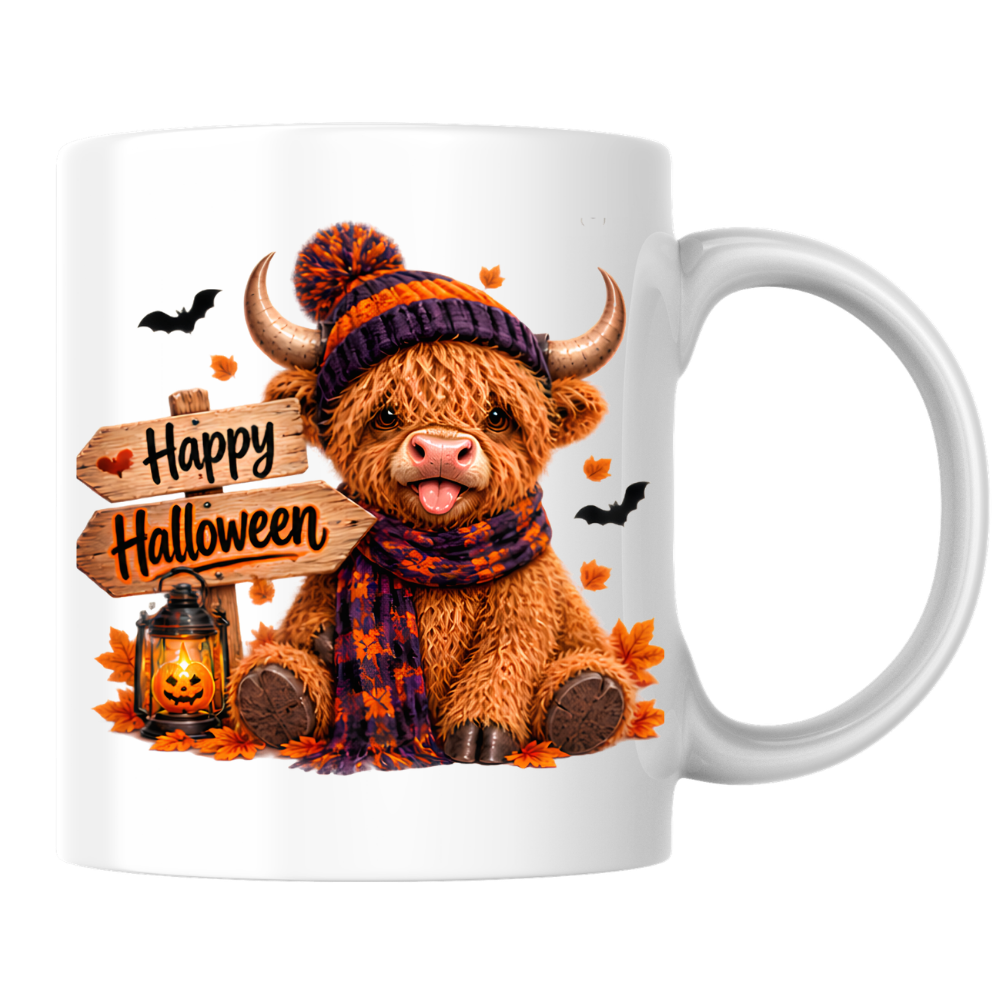 Halloween Mug "Cozy Beanie Happy Halloween" Cozy Halloween Highland Cow 325ml Ceramic Coffee Mug – Autumn Beanie Tea Cup with Wooden Sign Lantern Graphic Gift | Available in Multicolours | Fast Dispatch by UK Seller (M3167)