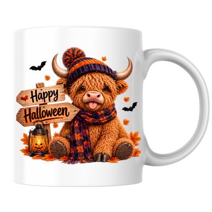 Halloween Mug "Cozy Beanie Happy Halloween" Cozy Halloween Highland Cow 325ml Ceramic Coffee Mug – Autumn Beanie Tea Cup with Wooden Sign Lantern Graphic Gift | Available in Multicolours | Fast Dispatch by UK Seller (M3167)