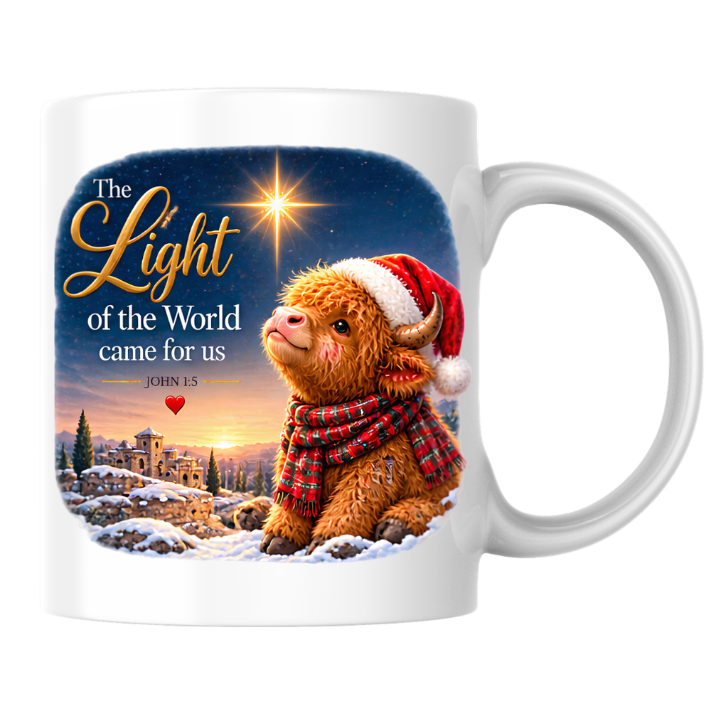 Christmas Mug "The Light Of The World Came For Us Highland Cow" John 1:5 325ml Ceramic Coffee Mug – Festive Highland Cow Mug With Santa Hat Star Of Bethlehem Christian Holiday Gift | Available in Multicolours | Fast Dispatch by UK Seller (M3308)