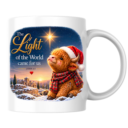 Christmas Mug "The Light Of The World Came For Us Highland Cow" John 1:5 325ml Ceramic Coffee Mug – Festive Highland Cow Mug With Santa Hat Star Of Bethlehem Christian Holiday Gift | Available in Multicolours | Fast Dispatch by UK Seller (M3308)