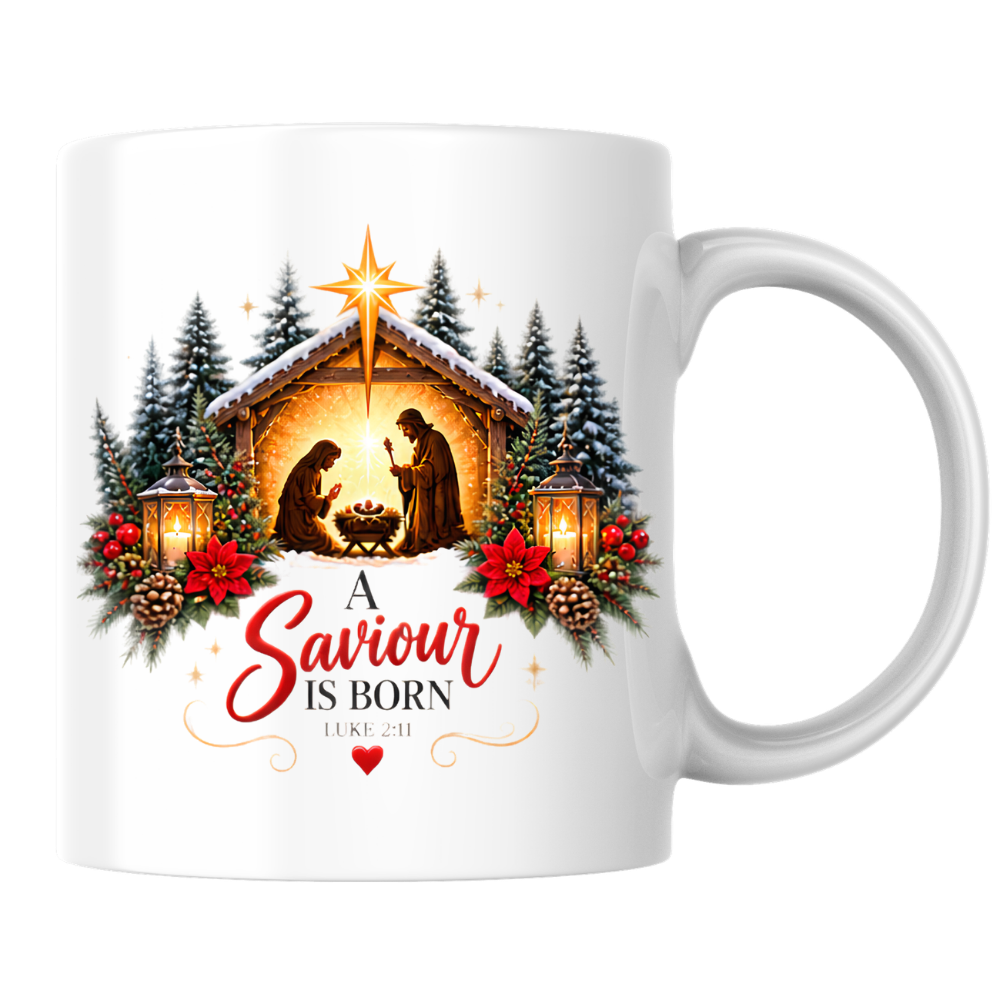 Christmas Mug "A Saviour Is Born Luke 2:11" A Saviour Is Born 325ml Ceramic Coffee Mug – Festive Nativity Scene Mug with Star of Bethlehem Poinsettia Holiday Gift | Available in Multicolours | Fast Dispatch by UK Seller (M3320)