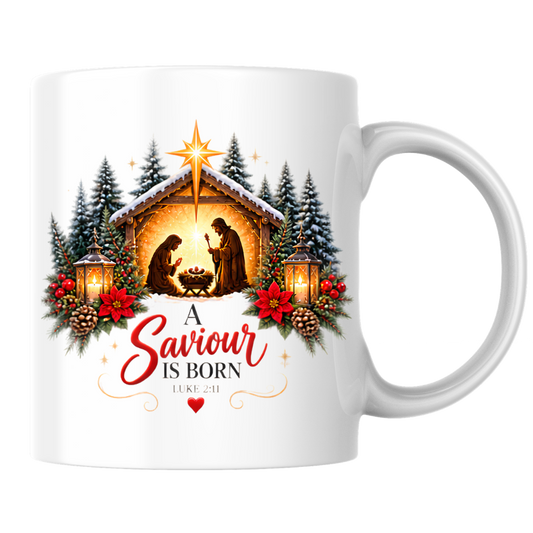 Christmas Mug "A Saviour Is Born Luke 2:11" A Saviour Is Born 325ml Ceramic Coffee Mug – Festive Nativity Scene Mug with Star of Bethlehem Poinsettia Holiday Gift | Available in Multicolours | Fast Dispatch by UK Seller (M3320)