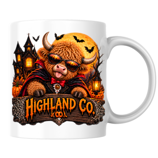 Halloween Mug "Vampire Costume Highland Co." Vampire Costume Highland Cow 325ml Ceramic Coffee Mug – Spooky Halloween Tea Cup with Dracula Cape Sunglasses Haunted House Graphic Gift | Available in Multicolours | Fast Dispatch by UK Seller (M3179)