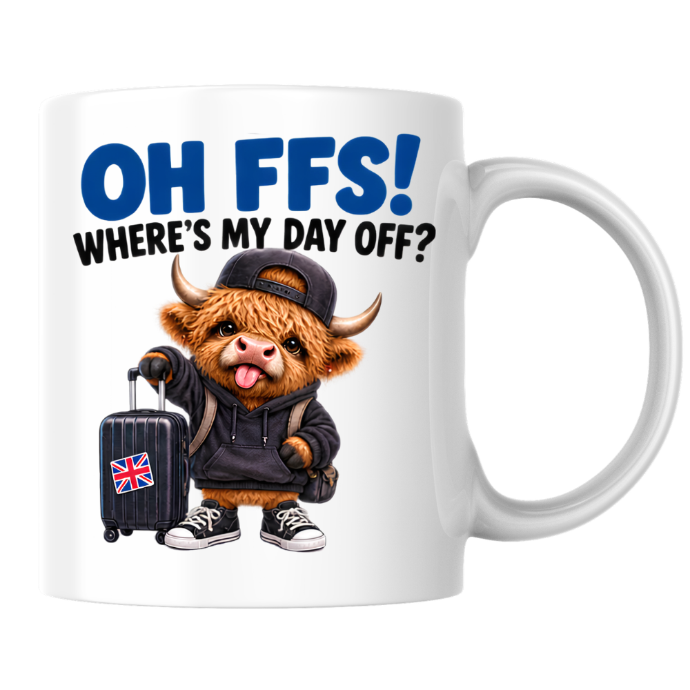 Highland Cow Day Off Mug "OH FFS! Where's My Day Off?" Oh Ffs! Where's My Day Off? 325ml Ceramic Coffee Mug – Cute Highland Cow in Hoodie & Cap with Union Jack Suitcase | Funny Work & Holiday Gift | Fast Dispatch by UK Seller (M3380)