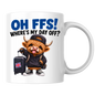Highland Cow Day Off Mug "OH FFS! Where's My Day Off?" Oh Ffs! Where's My Day Off? 325ml Ceramic Coffee Mug – Cute Highland Cow in Hoodie & Cap with Union Jack Suitcase | Funny Work & Holiday Gift | Fast Dispatch by UK Seller (M3380)