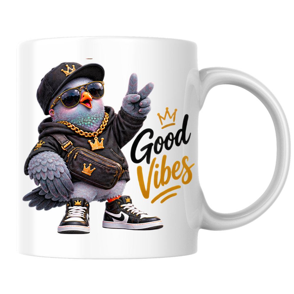 Streetwear Mug "Good Vibes Cool Pigeon" Good Vibes 325ml Ceramic Coffee Mug – Cool Pigeon with Cap, Sunglasses, Gold Chain, Hoodie & Sneakers Funny Hip Hop Bird Mug Gift For Friends | Available in Multicolours | Fast Dispatch by UK Seller (M3243)