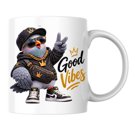 Streetwear Mug "Good Vibes Cool Pigeon" Good Vibes 325ml Ceramic Coffee Mug – Cool Pigeon with Cap, Sunglasses, Gold Chain, Hoodie & Sneakers Funny Hip Hop Bird Mug Gift For Friends | Available in Multicolours | Fast Dispatch by UK Seller (M3243)