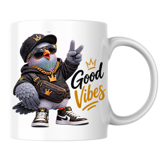 Streetwear Mug "Good Vibes Cool Pigeon" Good Vibes 325ml Ceramic Coffee Mug – Cool Pigeon with Cap, Sunglasses, Gold Chain, Hoodie & Sneakers Funny Hip Hop Bird Mug Gift For Friends | Available in Multicolours | Fast Dispatch by UK Seller (M3243)