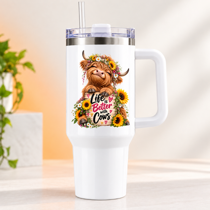 Floral Sunflower Highland Cow Travel Tumbler "Life is Better with Cows" Graphic 40oz Stainless Steel Insulated Travel Mug with Handle & Straw – Highland Cow in Flower Crown & Wooden Sign Novelty Travel Cup | Fast Dispatch by UK Seller (T3040)