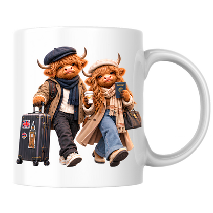Travelers Mug "World Travelers Highland Cow Couple" 325ml Ceramic Mug – Stylish Highland Cow Couple with Passport Suitcase Stamped With Big Ben Union Jack Cozy Gift For Travelers Couples | Available in Multicolours | Fast Dispatch by UK Seller (M3262)