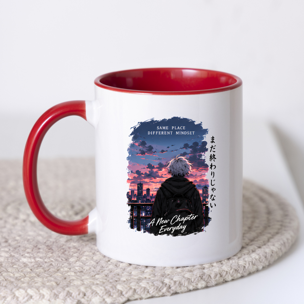Inspirational Anime Boy Mug "SAME PLACE Different Mindset" City Sunset 325ml Ceramic Coffee Mug – Aesthetic Mindful Tea Cup with Japanese Kanji Graphic Gift | Available in Multicolours | Fast Dispatch by UK Seller (M3046)