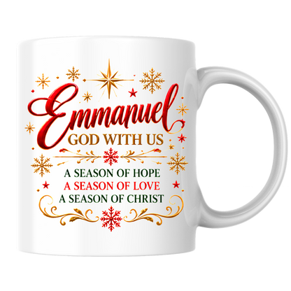 Christmas Mug "Emmanuel God With Us" Emmanuel God With Us 325ml Ceramic Coffee Mug – Christian Christmas Verse Mug with Gold Star, Snowflakes Scrollwork Festive Religious Gift | Available in Multicolours | Fast Dispatch by UK Seller (M3294)
