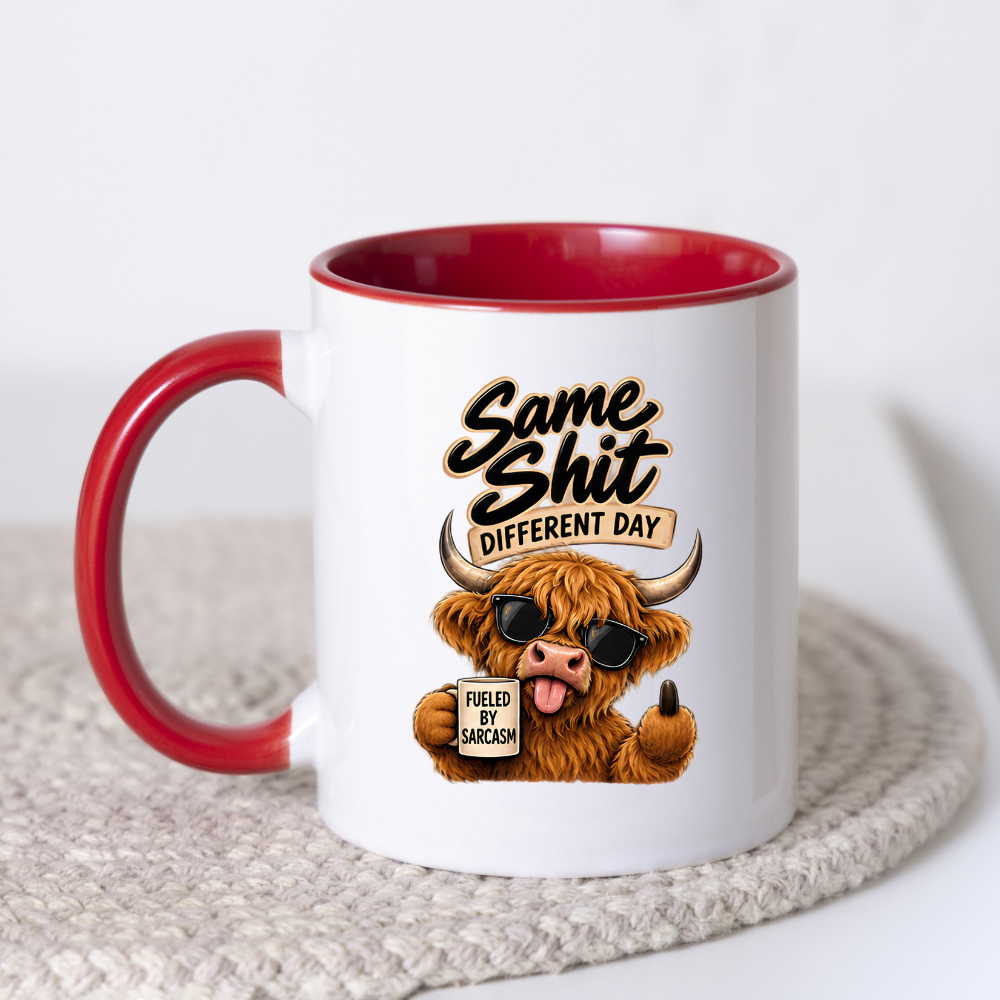 Sarcastic Mug "SAME SHIT DIFFERENT DAY" Highland Cow 325ml Ceramic Coffee Mug Novelty Highland Cow Tea Cup with Sunglasses, Middle Hoof & "Fueled By Sarcasm" Mug Graphic Gift | Available in Multicolours | Fast Dispatch by UK Seller (M3086)
