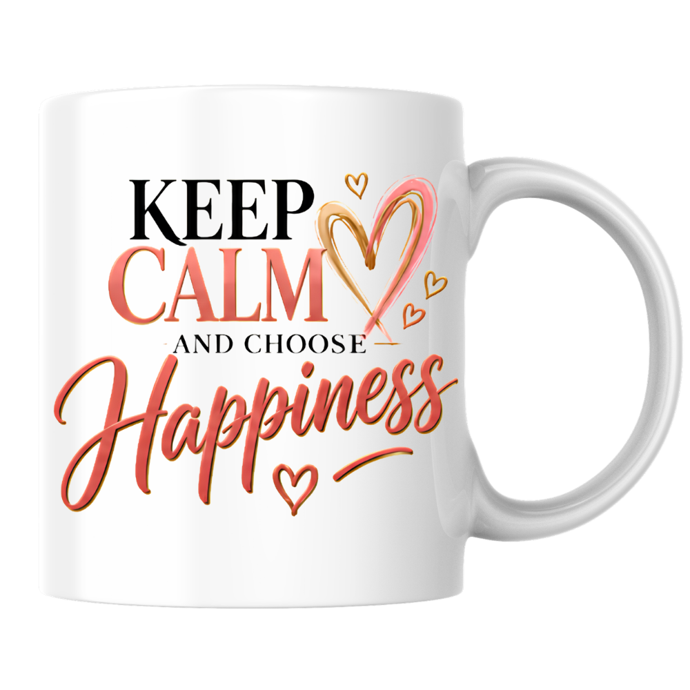 Motivational Mug "Keep Calm And Choose Happiness" 325ml Ceramic Coffee Tea Cup – Pink & Gold Typography, Cute Hearts & Positivity Slogan Novelty Gift for Friends, Colleagues, Birthday – Fast Dispatch by UK Seller (M3493)