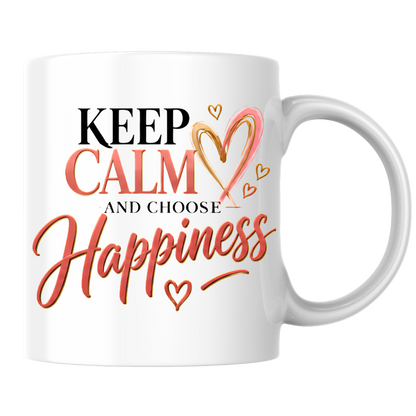 Motivational Mug "Keep Calm And Choose Happiness" 325ml Ceramic Coffee Tea Cup – Pink & Gold Typography, Cute Hearts & Positivity Slogan Novelty Gift for Friends, Colleagues, Birthday – Fast Dispatch by UK Seller (M3493)