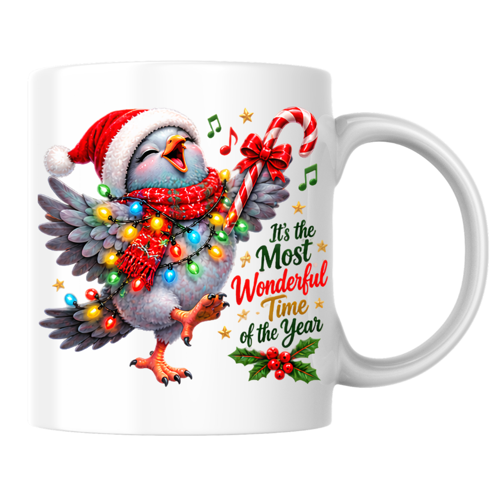 Holiday Mug "It's the Most Wonderful Time of the Year Bird" 325ml Ceramic Coffee Mug – Joyful Singing Christmas Bird Wrapped In Christmas Lights Scarf Festive Holiday Gift | Available in Multicolours | Fast Dispatch by UK Seller (M3268)