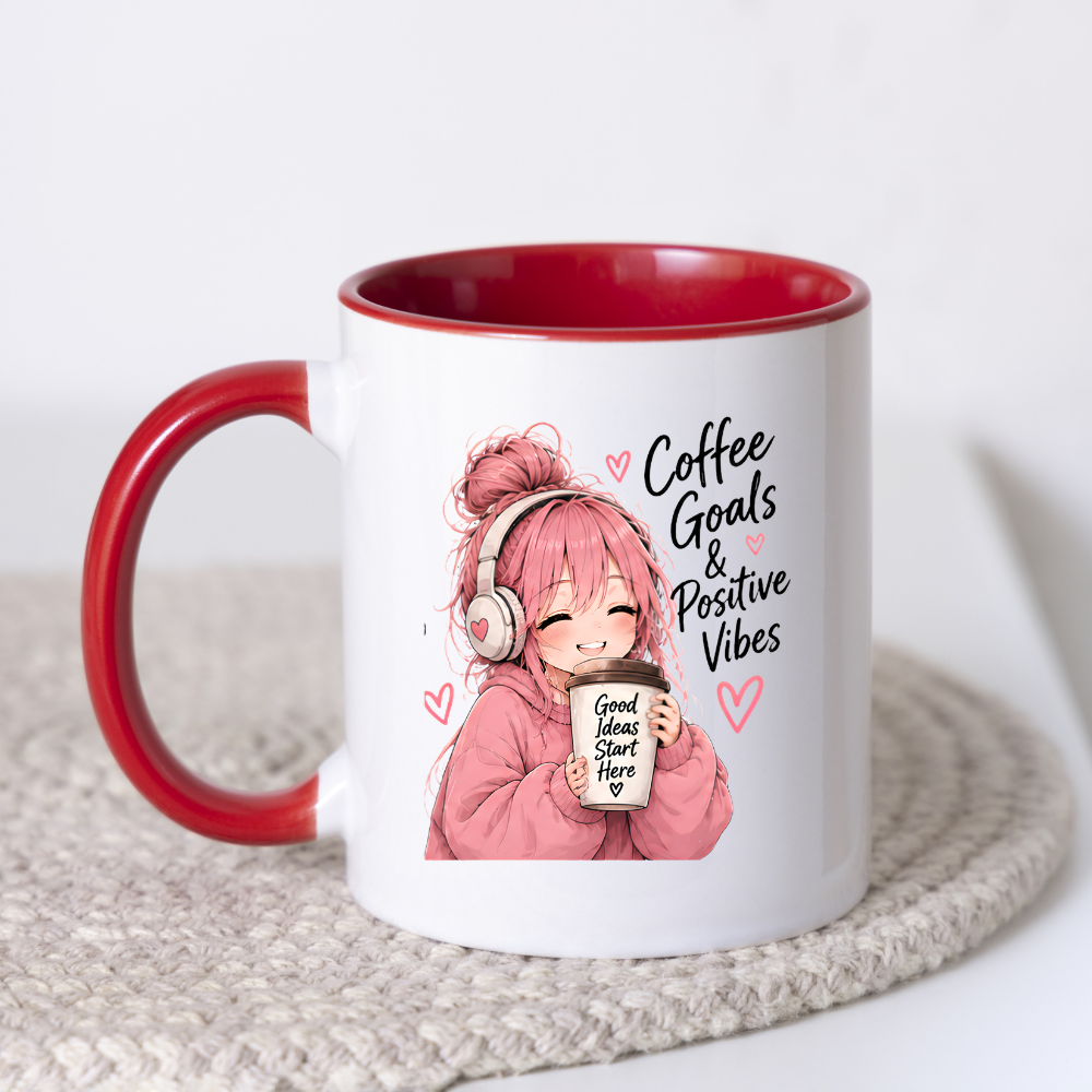 Inspirational Anime Mug "Coffee Goals & Positive Vibes" Cute Pink Hair Girl 325ml Ceramic Coffee Mug Aesthetic Work & Study Tea Cup with Headphones & Coffee Cup Graphic Gift | Available in Multicolours | Fast Dispatch by UK Seller (M3026)