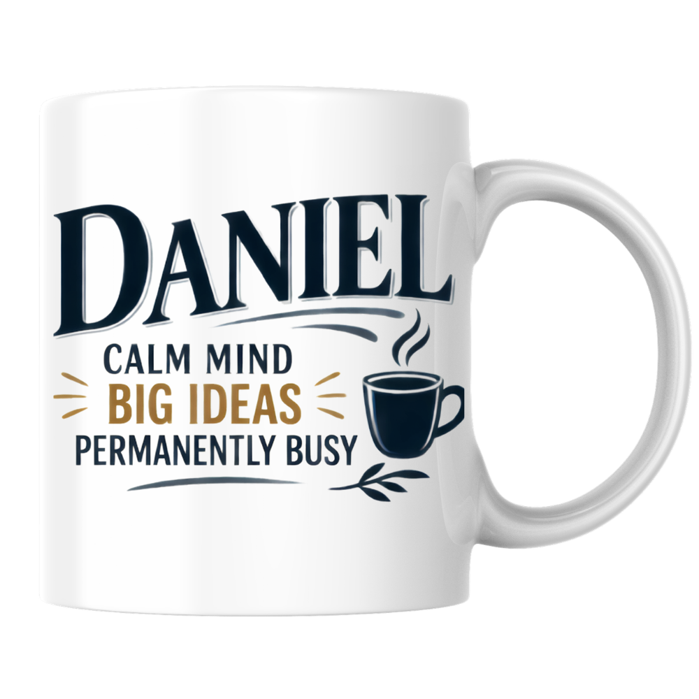 Personalized Name Mug "Daniel Calm Mind Big Ideas Permanently Busy" Daniel Calm Mind Big Ideas Permanently Busy 325ml Ceramic Coffee Mug – Custom Name Typography Slogan with Coffee Cup & Leaf Flourish | Funny Gift | Fast Dispatch by UK Seller (M3419)