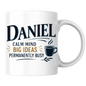 Personalized Name Mug "Daniel Calm Mind Big Ideas Permanently Busy" Daniel Calm Mind Big Ideas Permanently Busy 325ml Ceramic Coffee Mug – Custom Name Typography Slogan with Coffee Cup & Leaf Flourish | Funny Gift | Fast Dispatch by UK Seller (M3419)