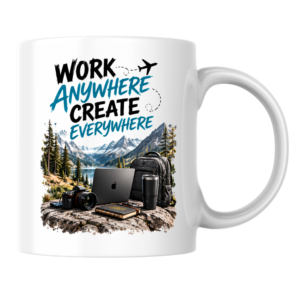 Tech Mug "Work Anywhere Create Everywhere" Work Anywhere Create Everywhere 325ml Ceramic Coffee Mug – Digital Nomad Mug with Mountain Lake, Laptop, Camera & Travel Backpack | Remote Work Gift | Fast Dispatch by UK Seller (M3334)