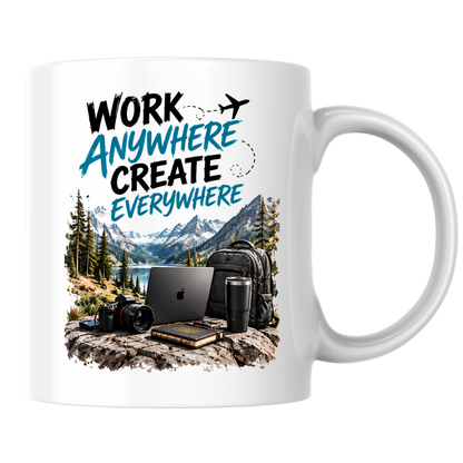 Tech Mug "Work Anywhere Create Everywhere" Work Anywhere Create Everywhere 325ml Ceramic Coffee Mug – Digital Nomad Mug with Mountain Lake, Laptop, Camera & Travel Backpack | Remote Work Gift | Fast Dispatch by UK Seller (M3334)