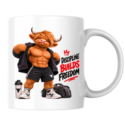 Gym Mug "Discipline Builds Freedom Muscular Highland Cow" Discipline Builds Freedom 325ml Ceramic Coffee Mug – Muscular Highland Cow Showing Six Pack Abs Open Zip Jacket Gym Fitness Gift | Available in Multicolours | Fast Dispatch by UK Seller (M3274)