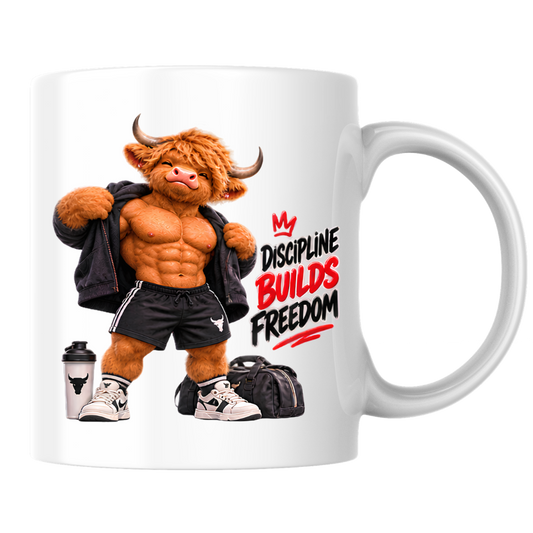 Gym Mug "Discipline Builds Freedom Muscular Highland Cow" Discipline Builds Freedom 325ml Ceramic Coffee Mug – Muscular Highland Cow Showing Six Pack Abs Open Zip Jacket Gym Fitness Gift | Available in Multicolours | Fast Dispatch by UK Seller (M3274)