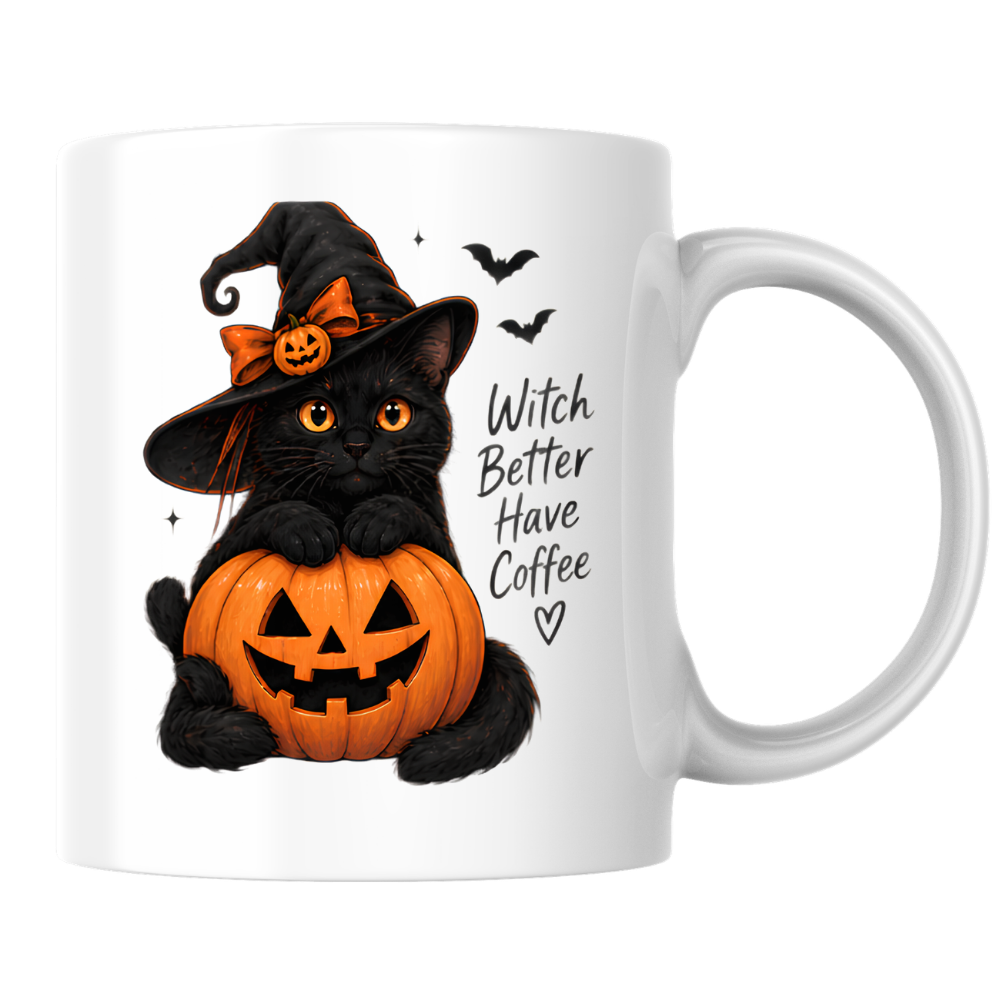 Halloween Mug "Witch Better Have Coffee Black Cat" Witch Better Have Coffee Black Cat 325ml Ceramic Coffee Mug – Cute Halloween Autumn Tea Cup With Witch Hat Jack O Lantern Graphic Gift | Available in Multicolours | Fast Dispatch by UK Seller (M3225)