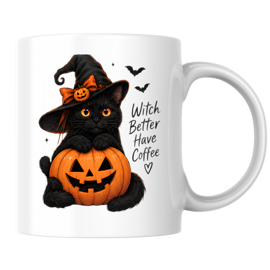 Halloween Mug "Witch Better Have Coffee Black Cat" Witch Better Have Coffee Black Cat 325ml Ceramic Coffee Mug – Cute Halloween Autumn Tea Cup With Witch Hat Jack O Lantern Graphic Gift | Available in Multicolours | Fast Dispatch by UK Seller (M3225)