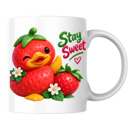 Inspirational Mug "Stay Sweet Strawberry Duck" Stay Sweet 325ml Ceramic Coffee Mug – Cute Winking Strawberry Duck Waving Next to Blossoms Strawberry Heartwarming Gift For Friends Family | Available in Multicolours | Fast Dispatch by UK Seller (M3249)