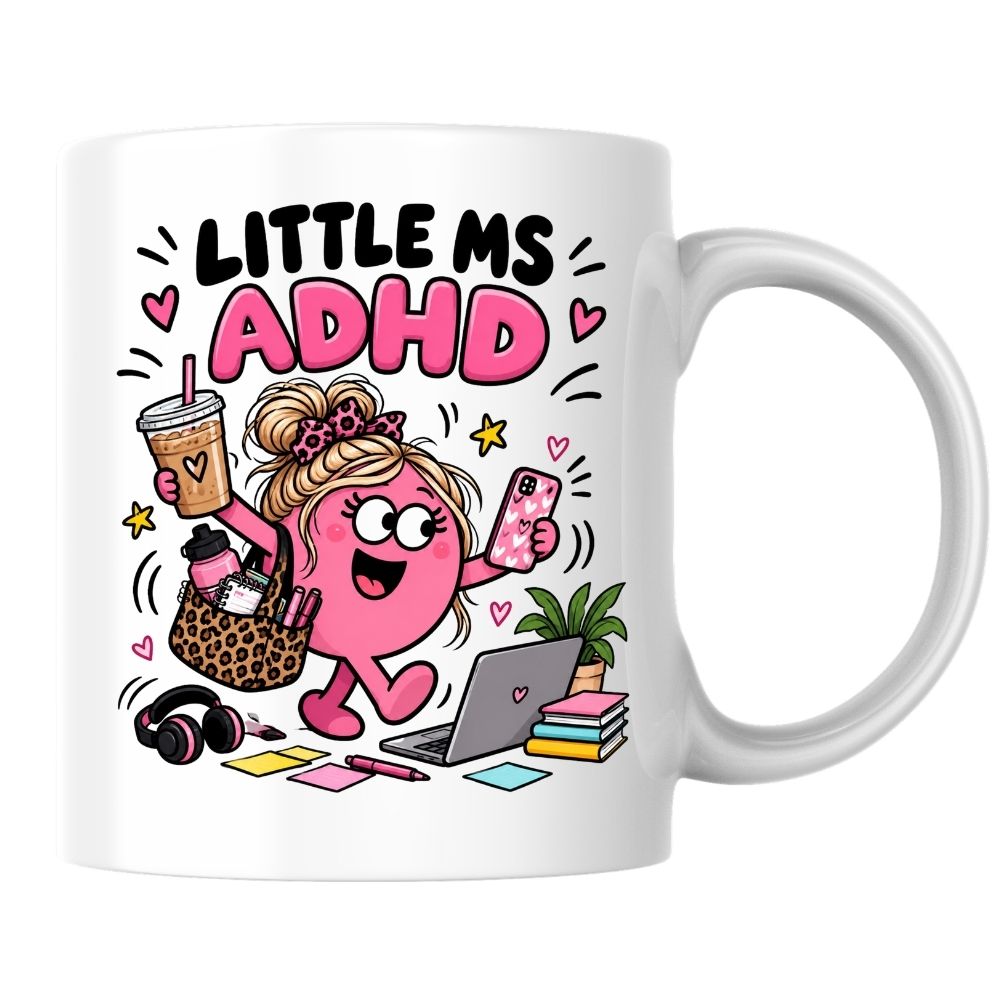 Cute Mug "Little Ms ADHD" Funny Neurodivergent Cartoon Coffee Cup 350ml, Pink Ceramic Novelty Mug, Relatable Busy Mind Multitasking Humour Gift for Her Mum Sister Girlfriend Best Friend, Birthday Christmas Secret Santa | Fast Dispatch by UK Seller (M1112)