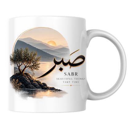 Islamic Mug "Sabr Beautiful Things Take Time" 325ml Ceramic Coffee Tea Cup – Gold Arabic Calligraphy Script, Olive Tree & Sunrise Mountain Landscape Religious Faith Gift for Muslims, Eid, Ramadan – Fast Dispatch by UK Seller (M3482)