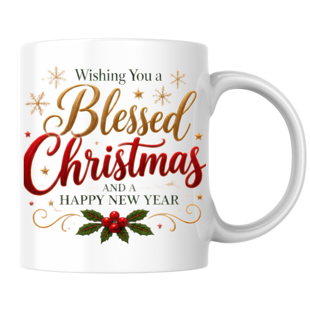 Christmas Mug "Wishing You A Blessed Christmas And A Happy New Year" 325ml Ceramic Coffee Mug Festive Typography Mug With Gold Stars Holly Swirls Holiday Gift | Available in Multicolours | Fast Dispatch by UK Seller (M3314)
