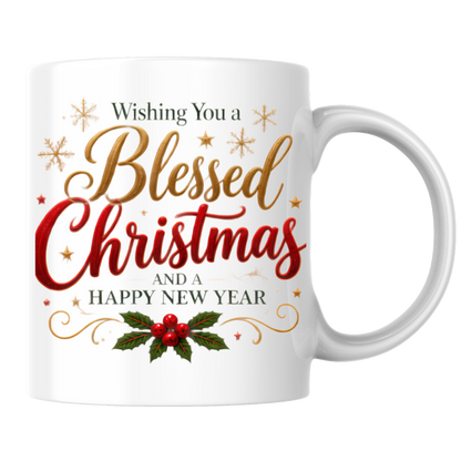 Christmas Mug "Wishing You A Blessed Christmas And A Happy New Year" 325ml Ceramic Coffee Mug Festive Typography Mug With Gold Stars Holly Swirls Holiday Gift | Available in Multicolours | Fast Dispatch by UK Seller (M3314)