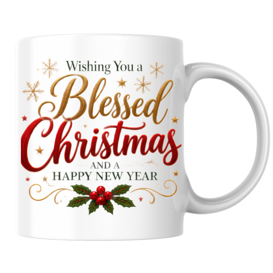 Christmas Mug "Wishing You A Blessed Christmas And A Happy New Year" 325ml Ceramic Coffee Mug Festive Typography Mug With Gold Stars Holly Swirls Holiday Gift | Available in Multicolours | Fast Dispatch by UK Seller (M3314)