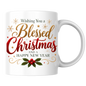 Christmas Mug "Wishing You A Blessed Christmas And A Happy New Year" 325ml Ceramic Coffee Mug Festive Typography Mug With Gold Stars Holly Swirls Holiday Gift | Available in Multicolours | Fast Dispatch by UK Seller (M3314)
