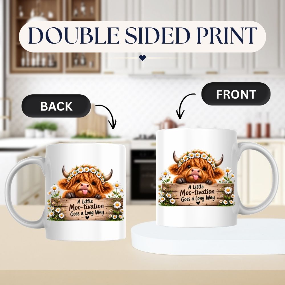 Inspiring Mug "A Little Moo-tivation Goes a Long Way" Highland Cow 325ml Ceramic Coffee Mug Cute Animal Tea Cup with Daisy Flower Crown & Wooden Sign | Available in Multicolours | Fast Dispatch by UK Seller (M1278)