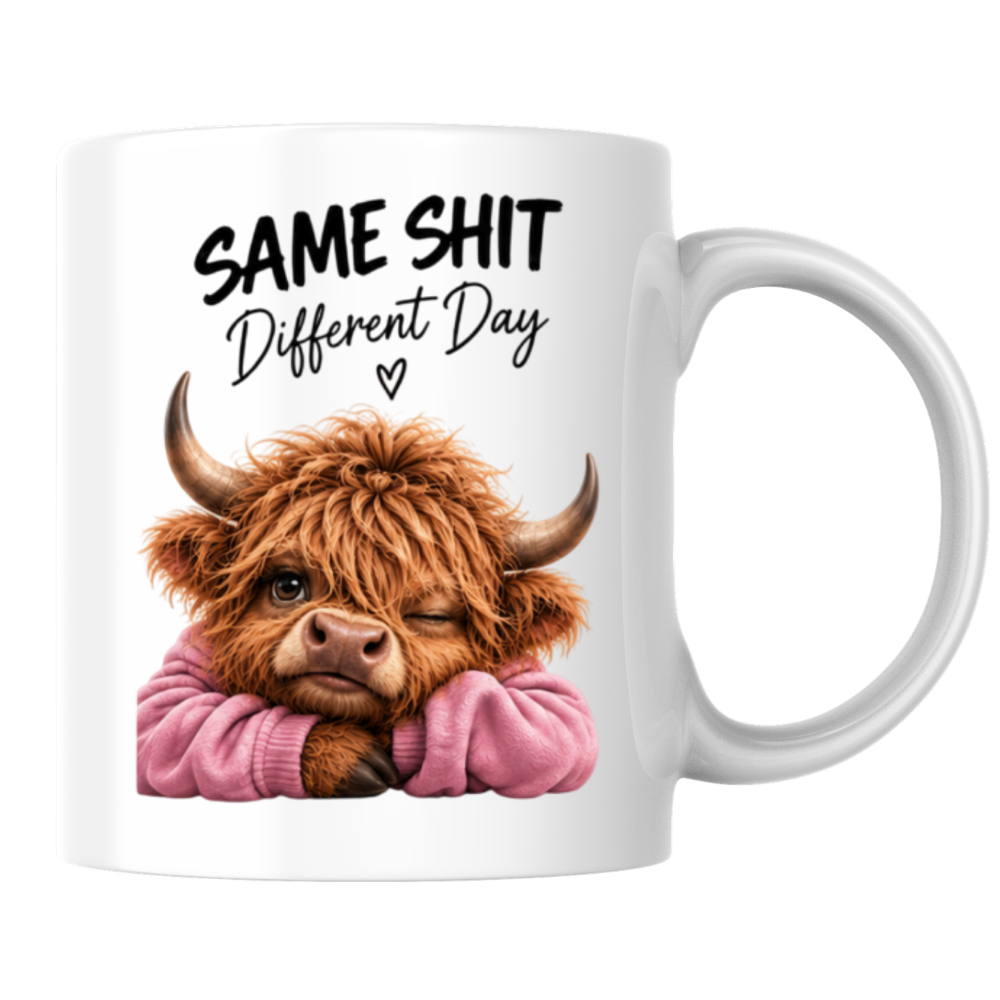 Sassy Highland Cow Mug "SAME SHIT Different Day" Graphic 325ml Ceramic Coffee Cup Highland Cow in Pink Jumper Winking Novelty Tea Cup | Funny Sarcastic Work Gift for Coworkers & Friends | Available in Multicolours | Fast Dispatch by UK Seller (M3137)