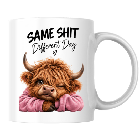 Sassy Highland Cow Mug "SAME SHIT Different Day" Graphic 325ml Ceramic Coffee Cup Highland Cow in Pink Jumper Winking Novelty Tea Cup | Funny Sarcastic Work Gift for Coworkers & Friends | Available in Multicolours | Fast Dispatch by UK Seller (M3137)