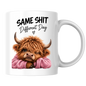 Sassy Highland Cow Mug "SAME SHIT Different Day" Graphic 325ml Ceramic Coffee Cup Highland Cow in Pink Jumper Winking Novelty Tea Cup | Funny Sarcastic Work Gift for Coworkers & Friends | Available in Multicolours | Fast Dispatch by UK Seller (M3137)